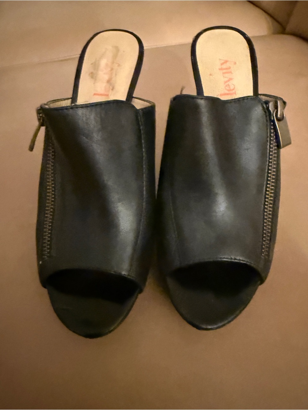 levity Black Leather Open-Toe Mule with Side Zippers
